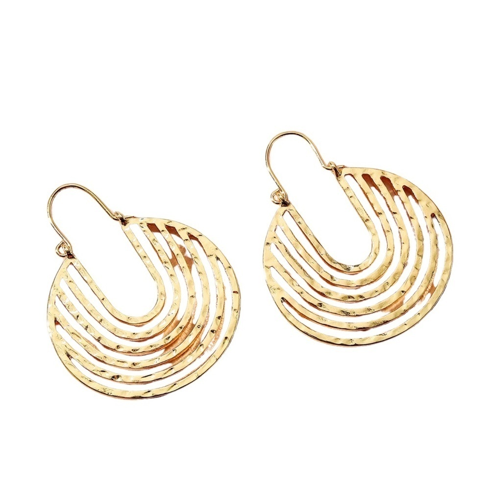 Hammered Gold Geometric Drop Earrings – 1.96 x 1.56 Inch U-Shape Cutout Statemen